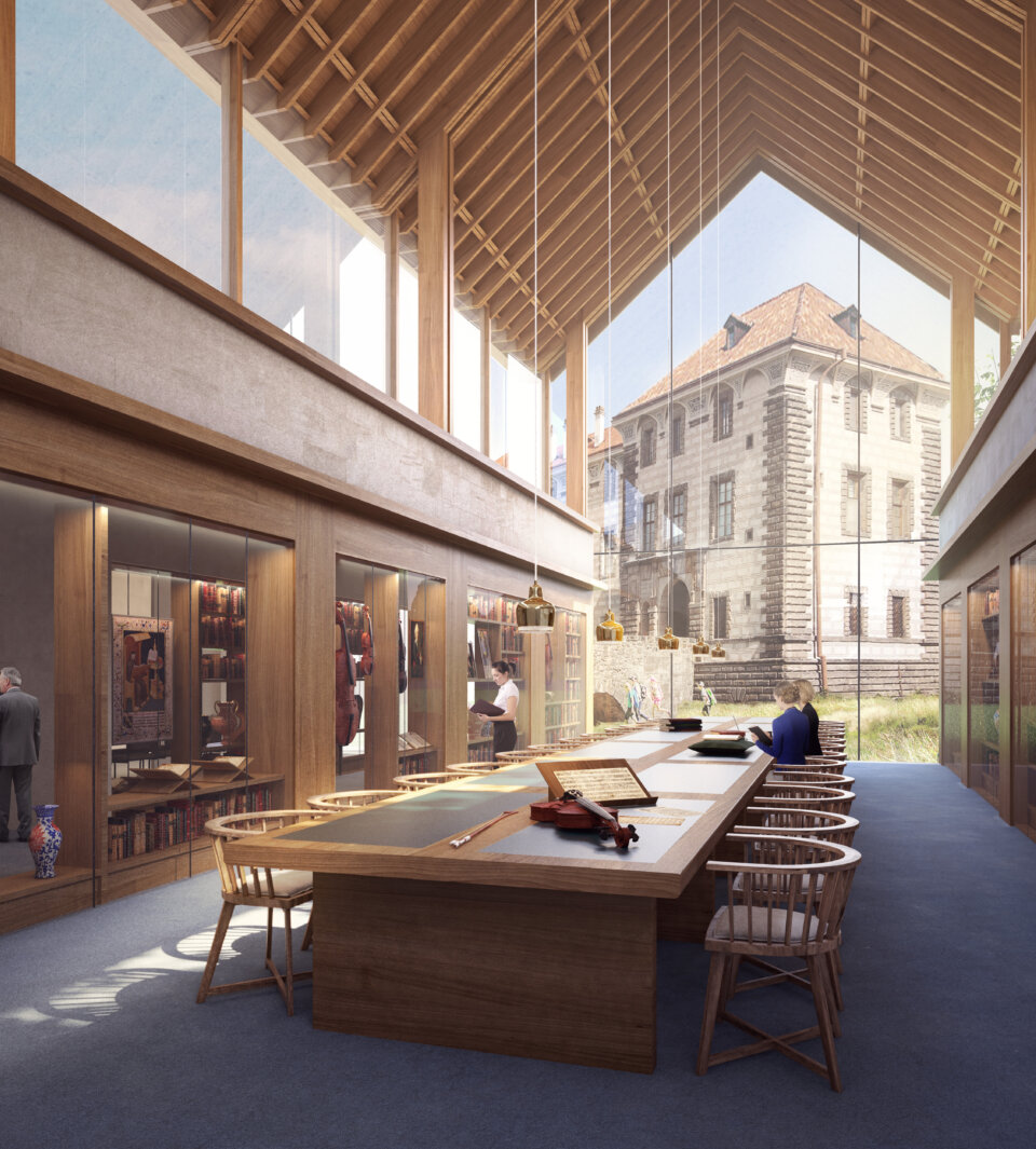 Architectural rendering of a double-height library and reading room with timber beam ceiling and a large glass window at the end of the room facing Nelahozeves Castle.