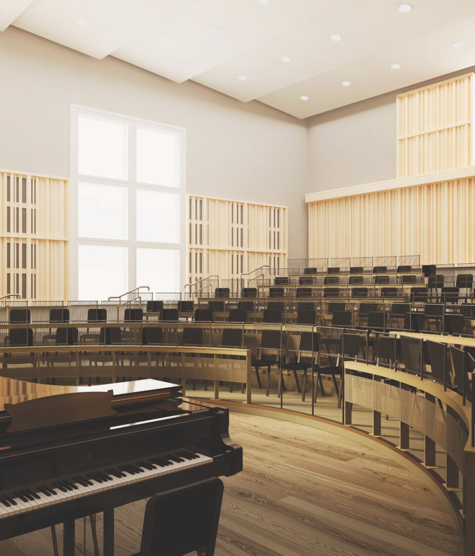 Architectural rendering of an auditorium with curved seating and a piano at left,