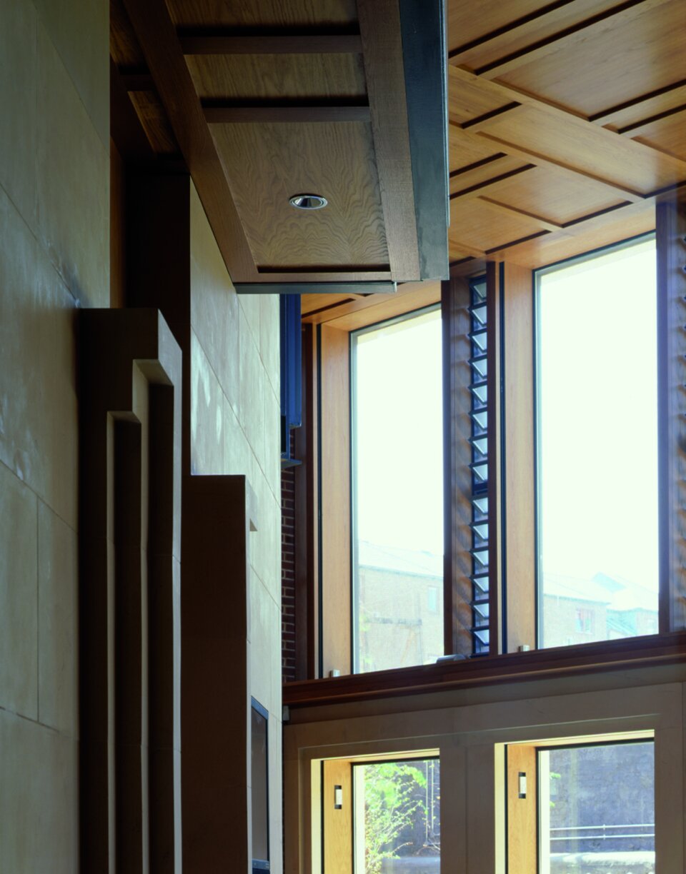 Interior view of the brick and timber walls of the foyer of the Women's Library designed by Wright & Wright