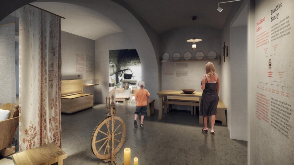CGI architectural rendering of a museum interior family room with three individuals interacting with museum displays. Created by Luboš Zbránek.