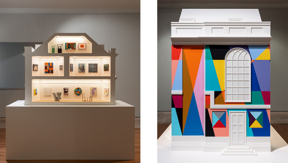 Photograph of the model gallery in section showing the interior spaces and exterior image with colourful mural painted onto the facade