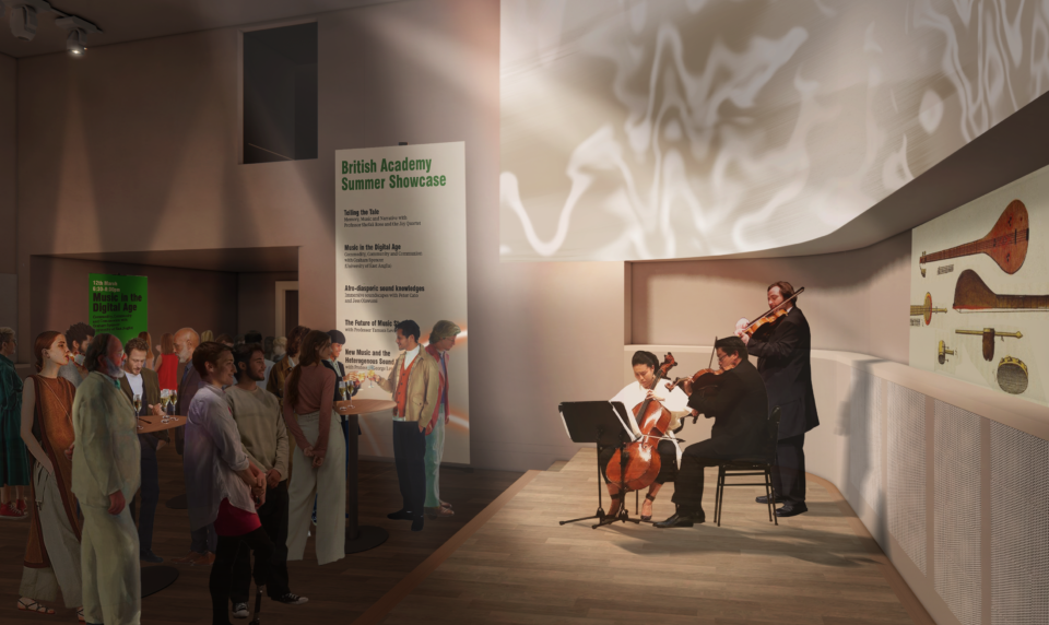 Group of musicians on a stage, with a small group of people watching.