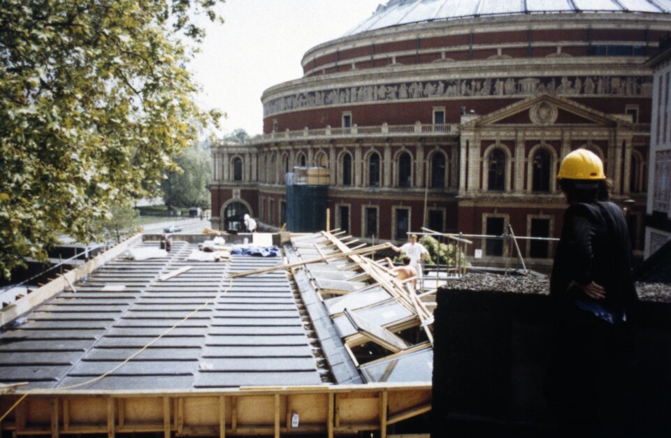 Construction of the Royal College of Art Library with the Royal Albert Hall beyond