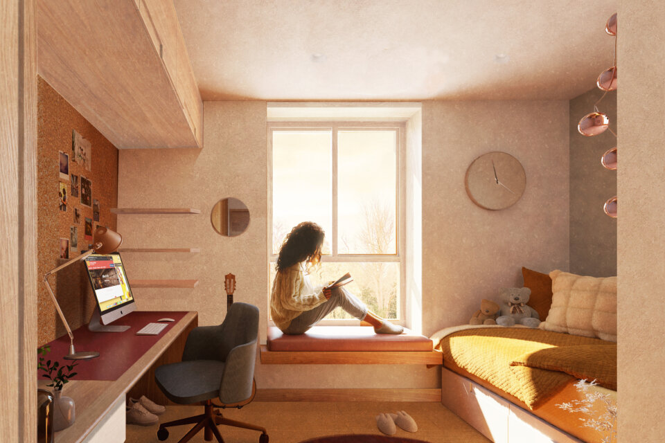 Architectural CGI rendering of a woman seated in a window within a dormitory residence in a college in Oxford.