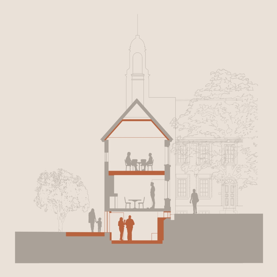 Section drawing of the Museum of the Home by Wright and Wright Architects showing a three storey building with expanded space highlighted in orange