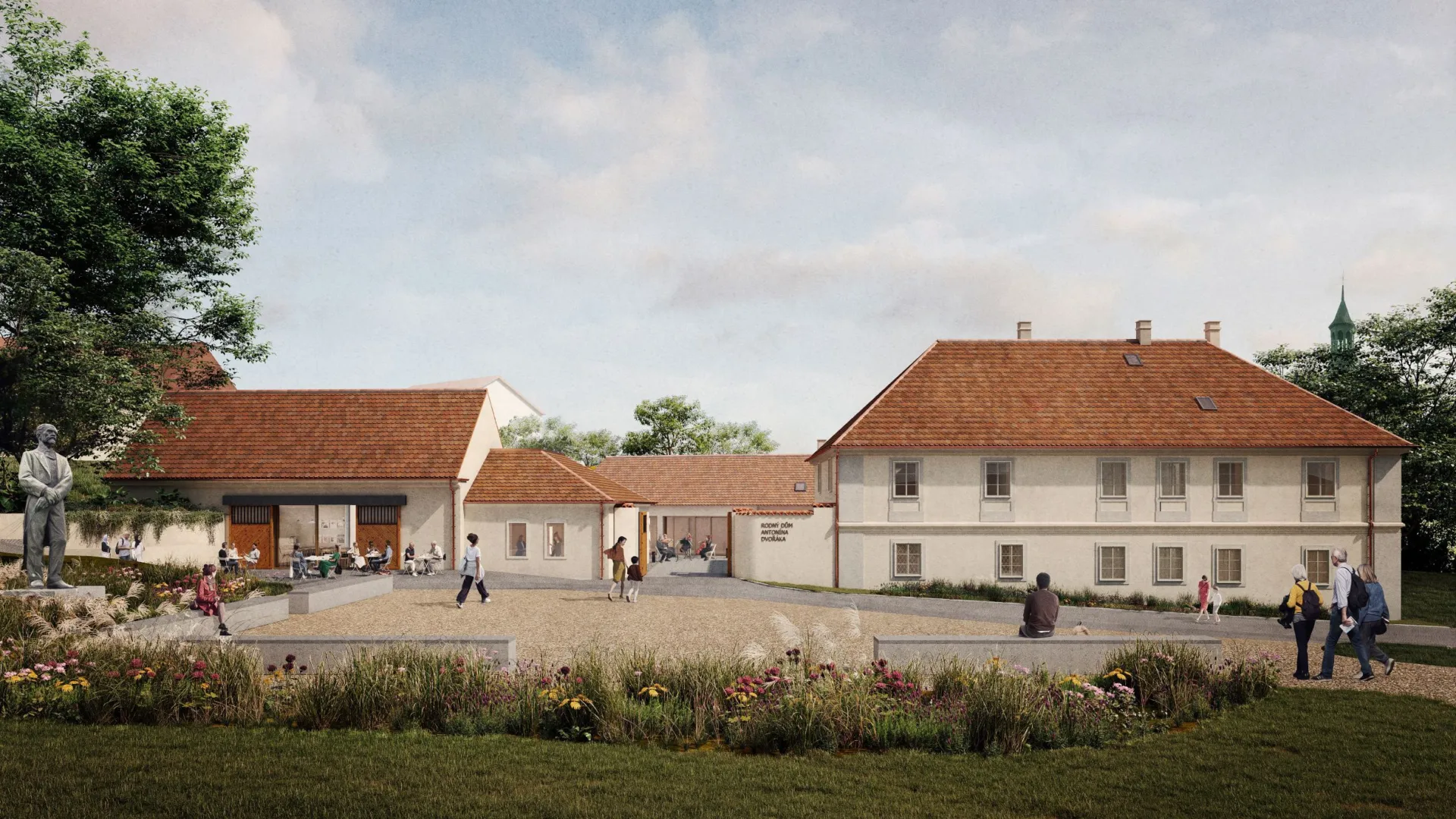 CGI architectural rendering of a public square in front of the Dvorak Birth House Museum with a lawn and several individuals walking across the site
