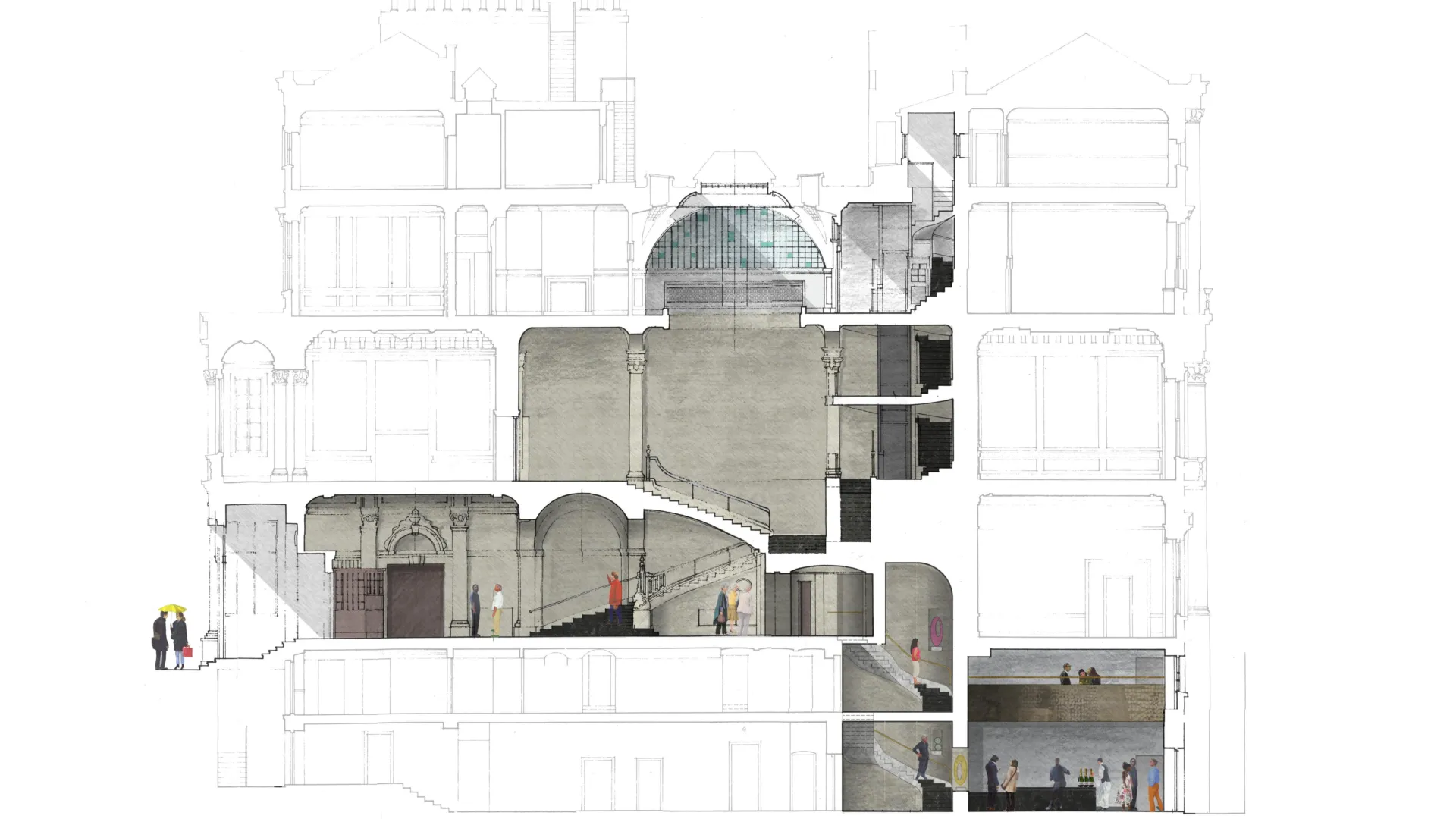 Section drawing of the British Academy by Wright and Wright Architects showing multiple spaces highlighted in pastel colours inside a large building.