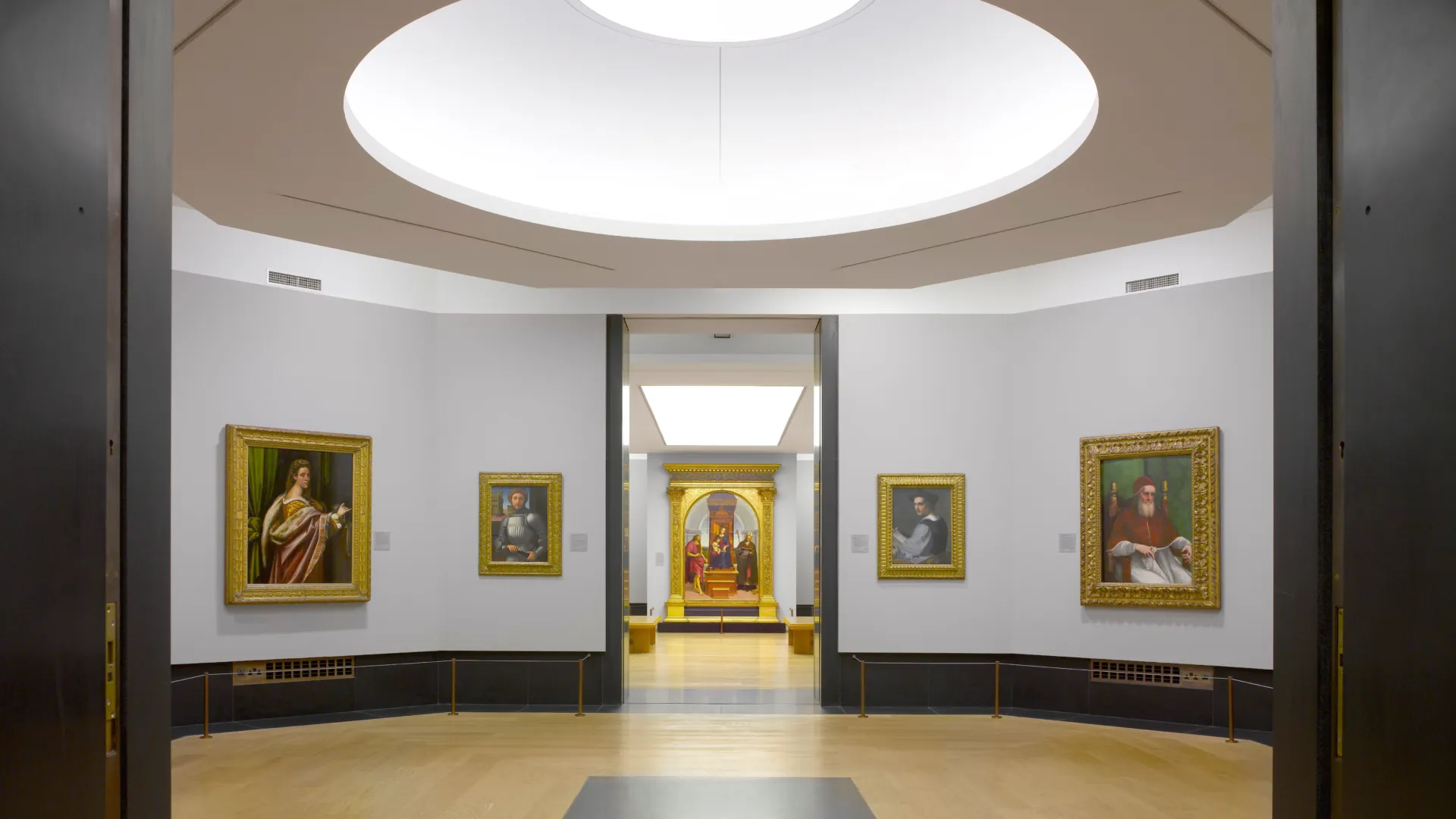 Sky lit museum galleries on the lower level of the National Gallery in London designed by Wright & Wright Architects