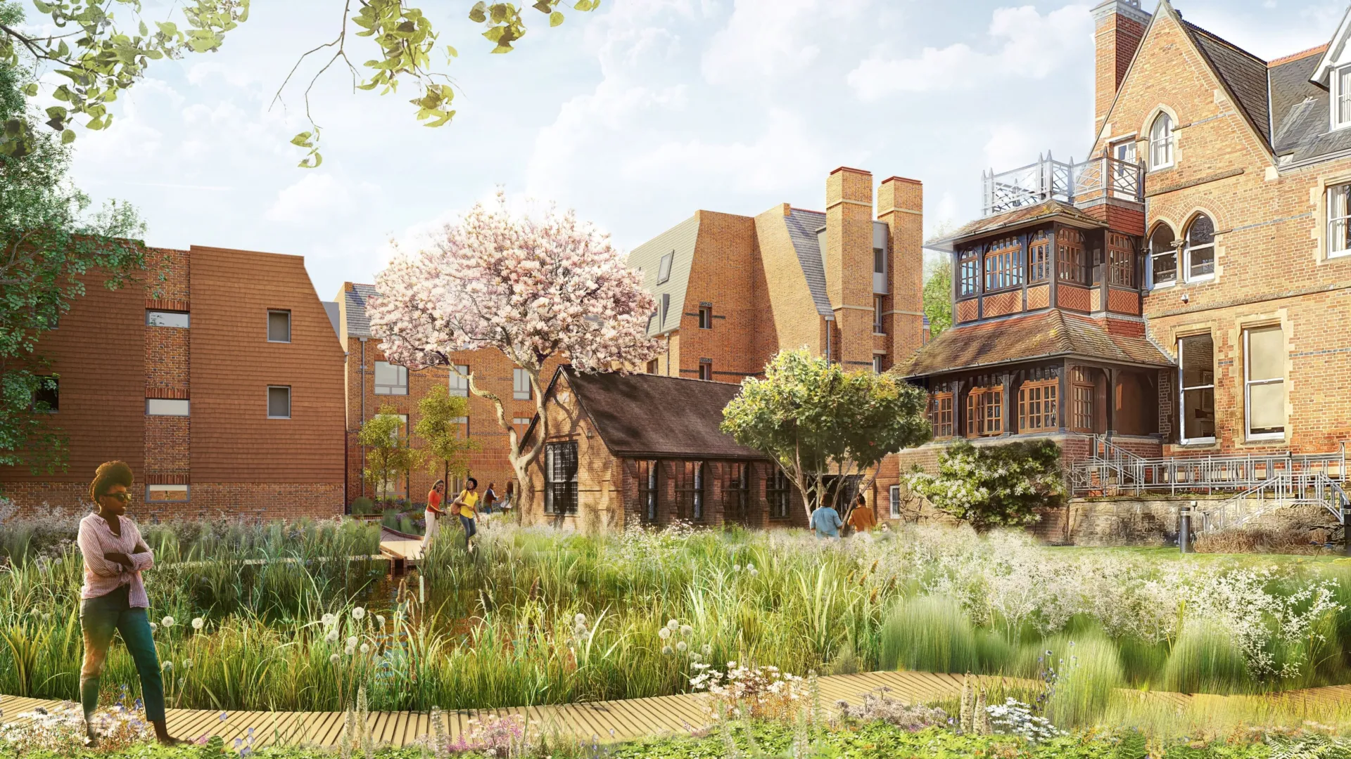 CGI architecture rendering of St Edmund's Hall campus with brick buildings and gardens in the foreground at the University of Oxford
