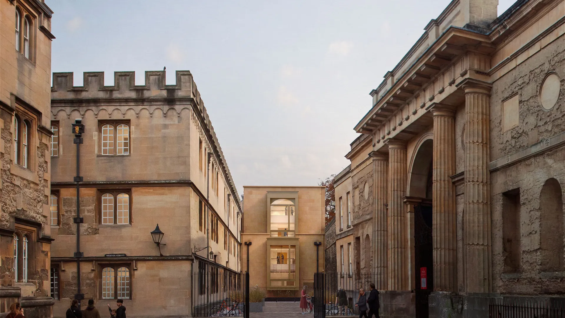 CGI architecture rendering of Corpus Christi College at the University of Oxford as seen from street level