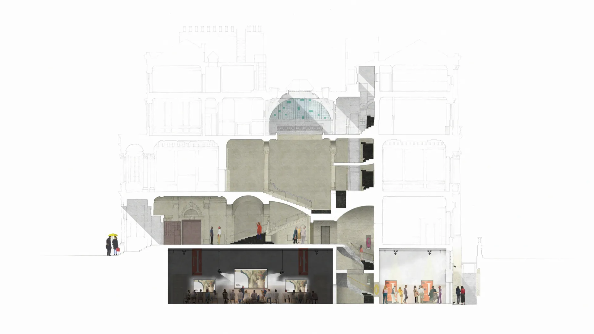 Architectural drawing of a section of the British Academy showing plans for new event spaces in the lower floors.