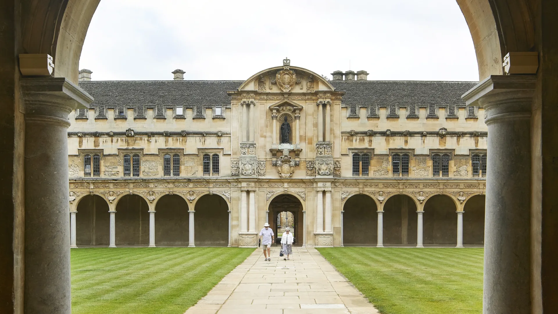 stone quadrangle with grass lawn