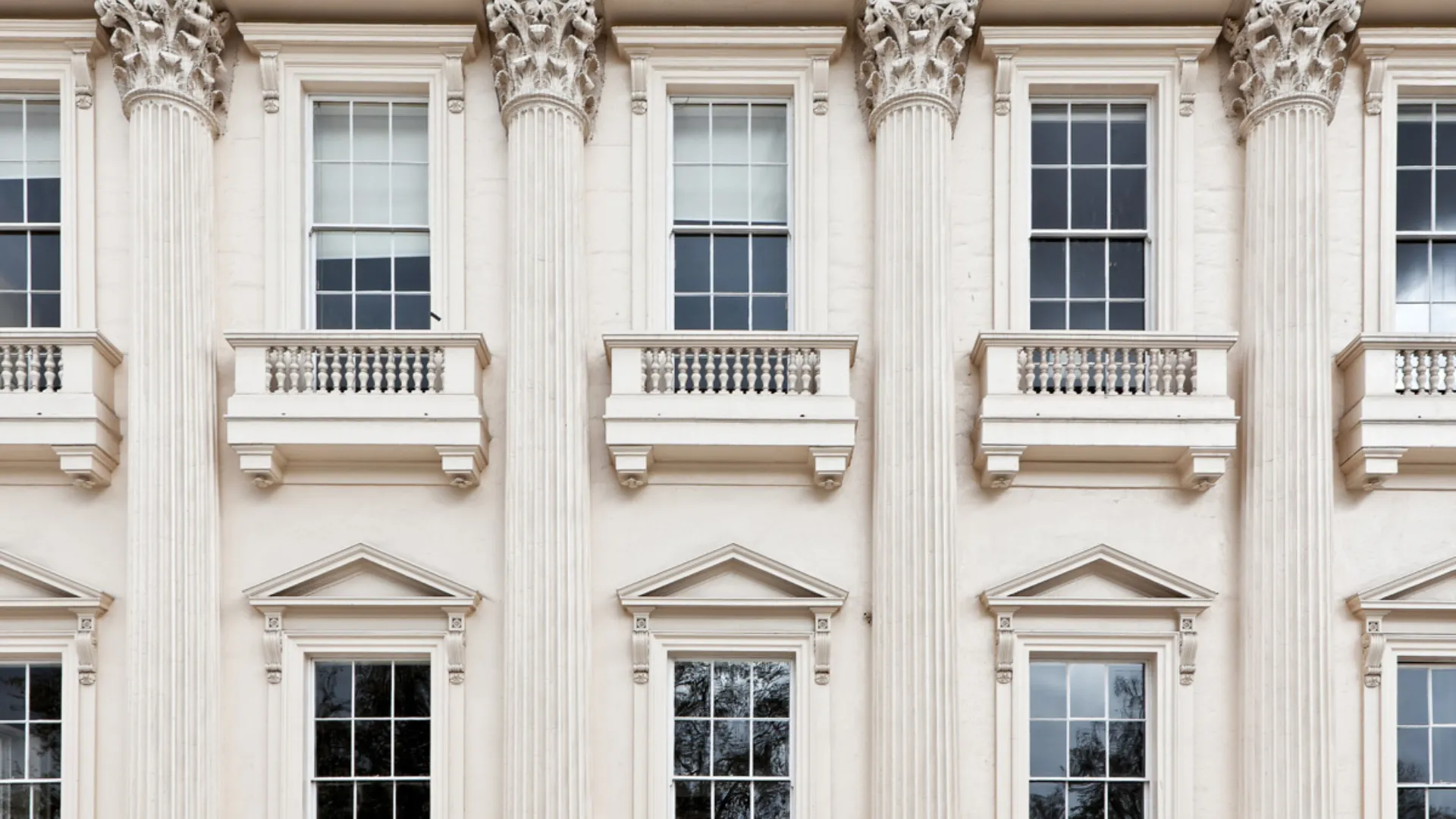 Close up image of the facade of Carlton House Terrace in London, a Georgian building in St James.
