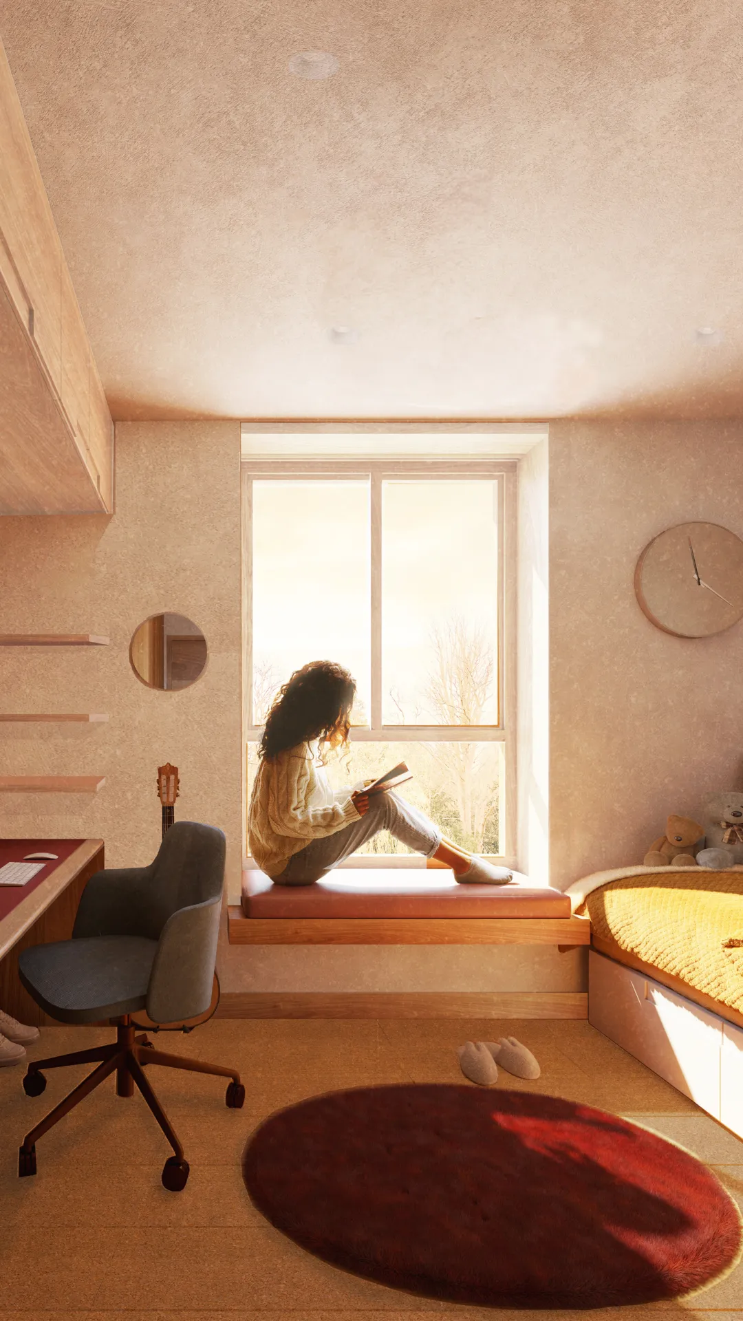 Architectural CGI rendering of a woman seated in a window within a dormitory residence in a college in Oxford.