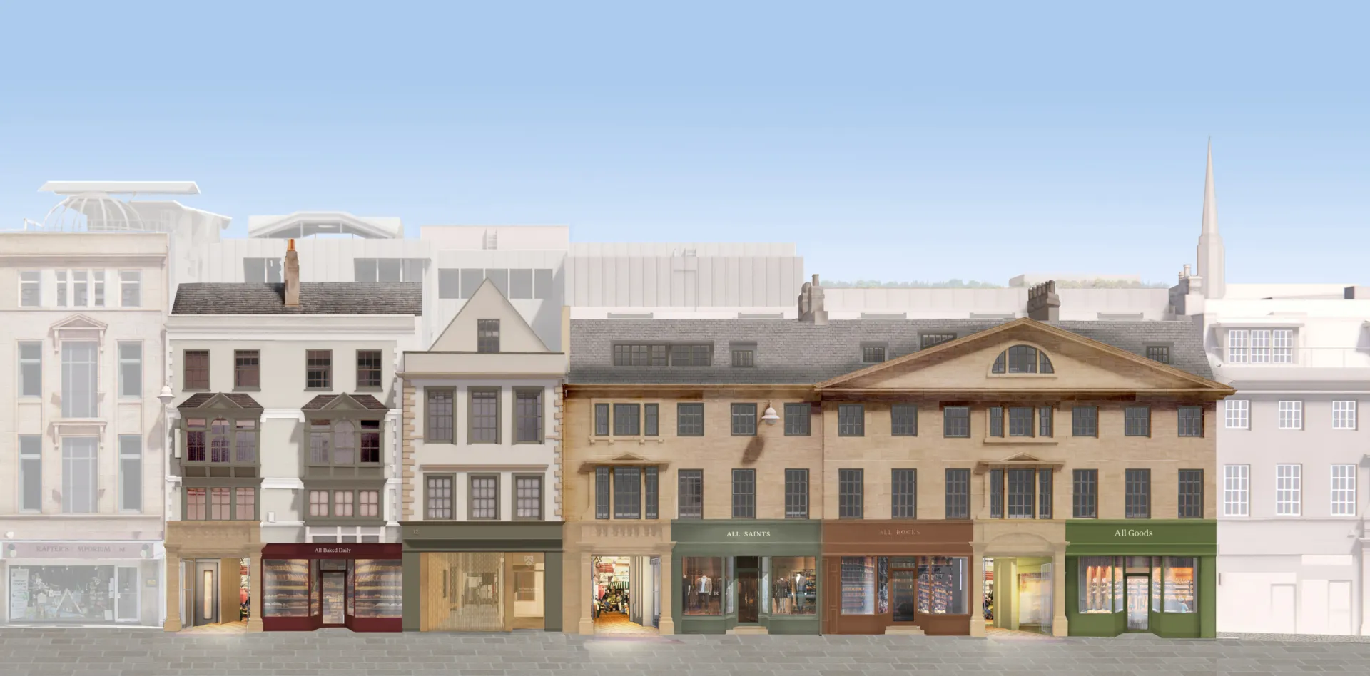 Architecture render of the new All Souls College proposal in Oxford showing the new high street frontage