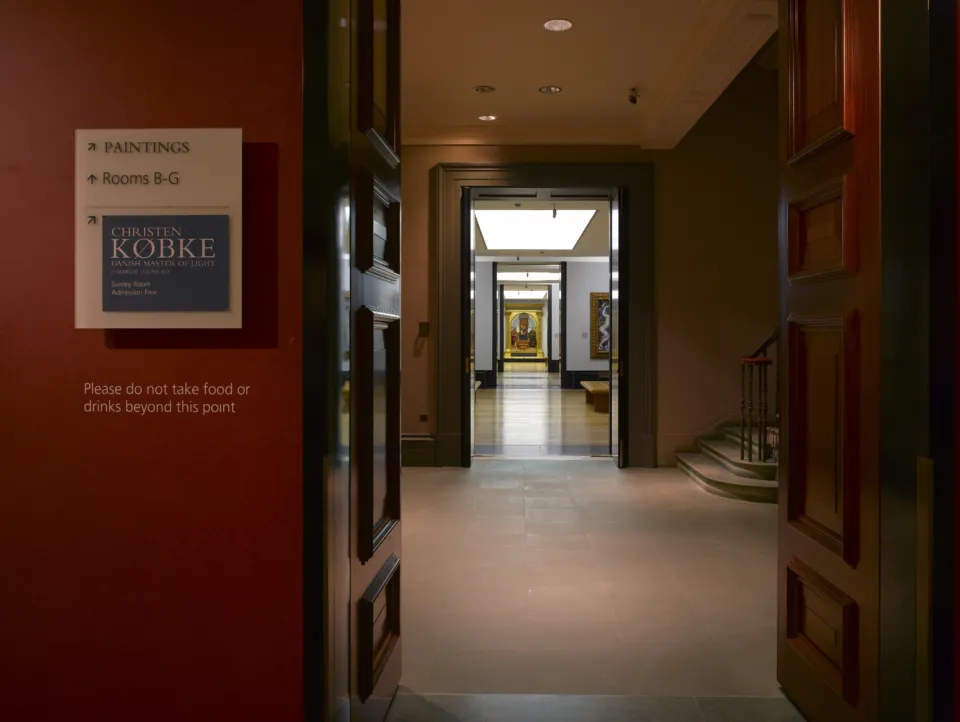 Interior of a hallway opening on to a gallery on the lower floors of the National Gallery in London designed by Wright & Wright Architects