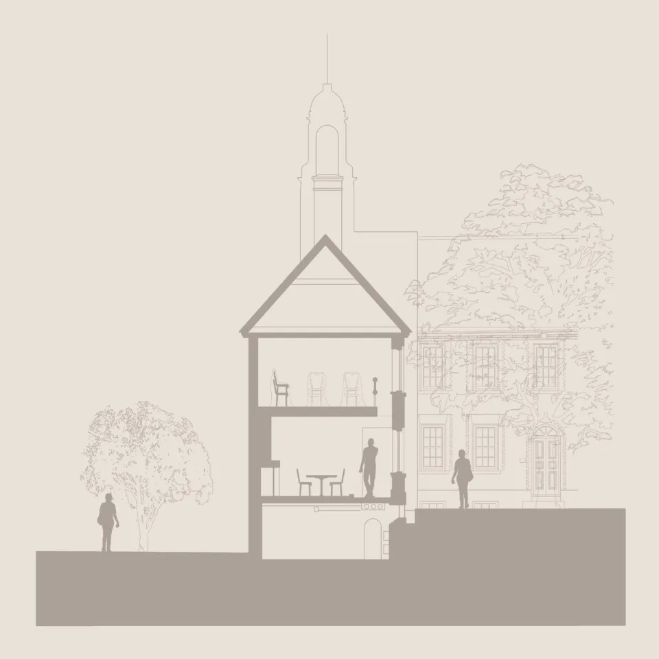 Greyscale sectional drawing of the Museum of the Home as it existed in 2014 before construction by Wright and Wright Architects