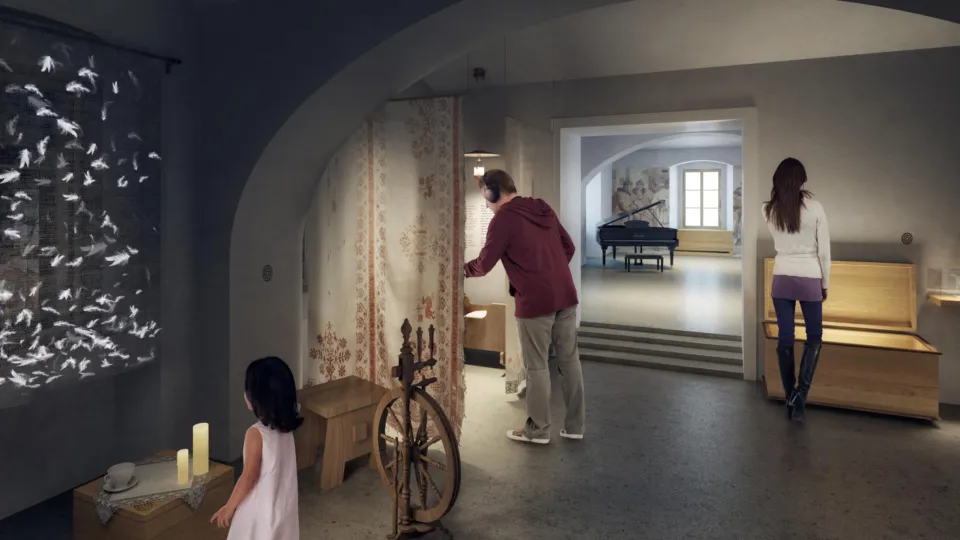 CGI architectural rendering of a museum interior family room with three individuals interacting with museum displays. Created by Luboš Zbránek.
