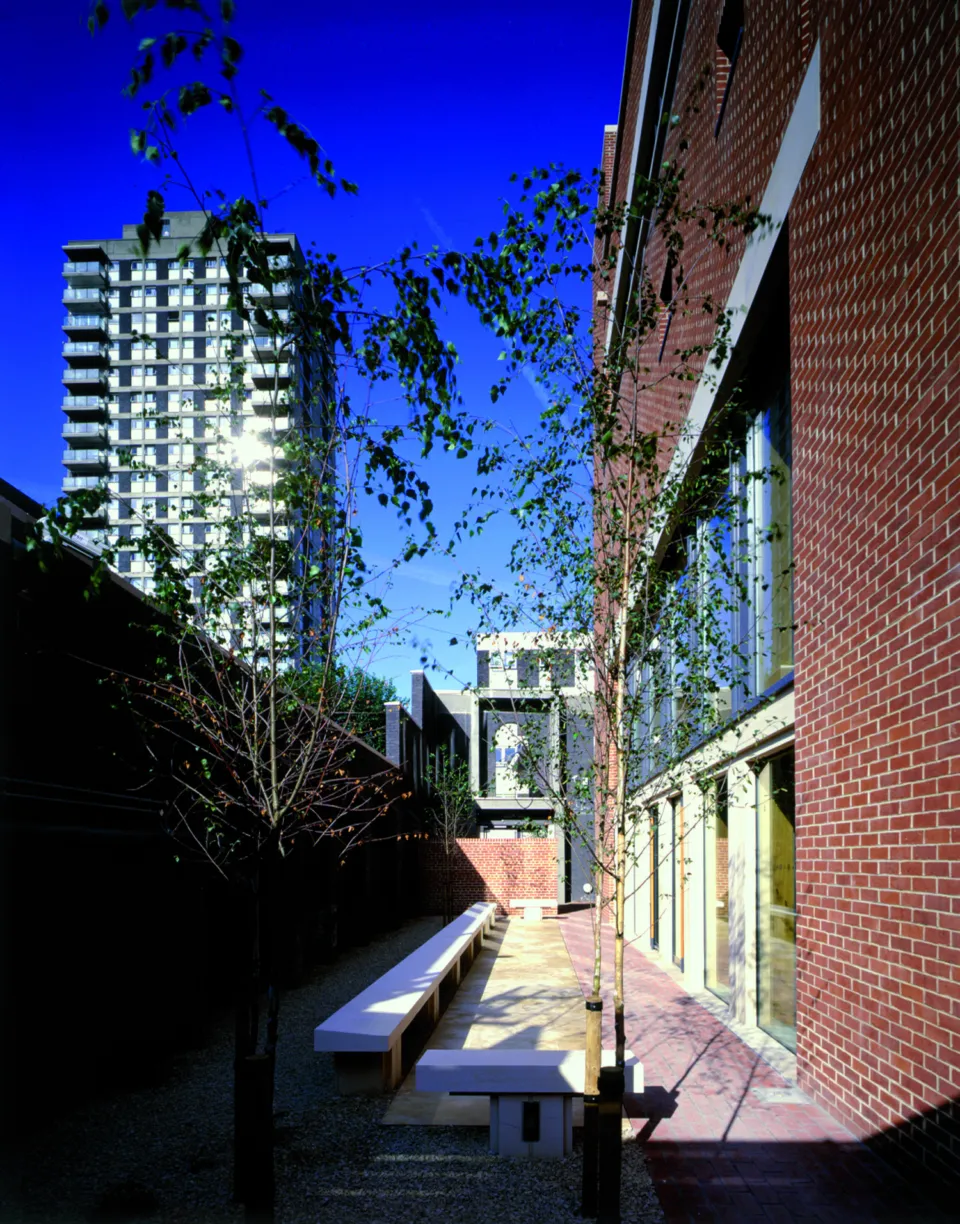 Exterior facade and courtyard of the Womens Library designed by Wright and Wright Architects.
