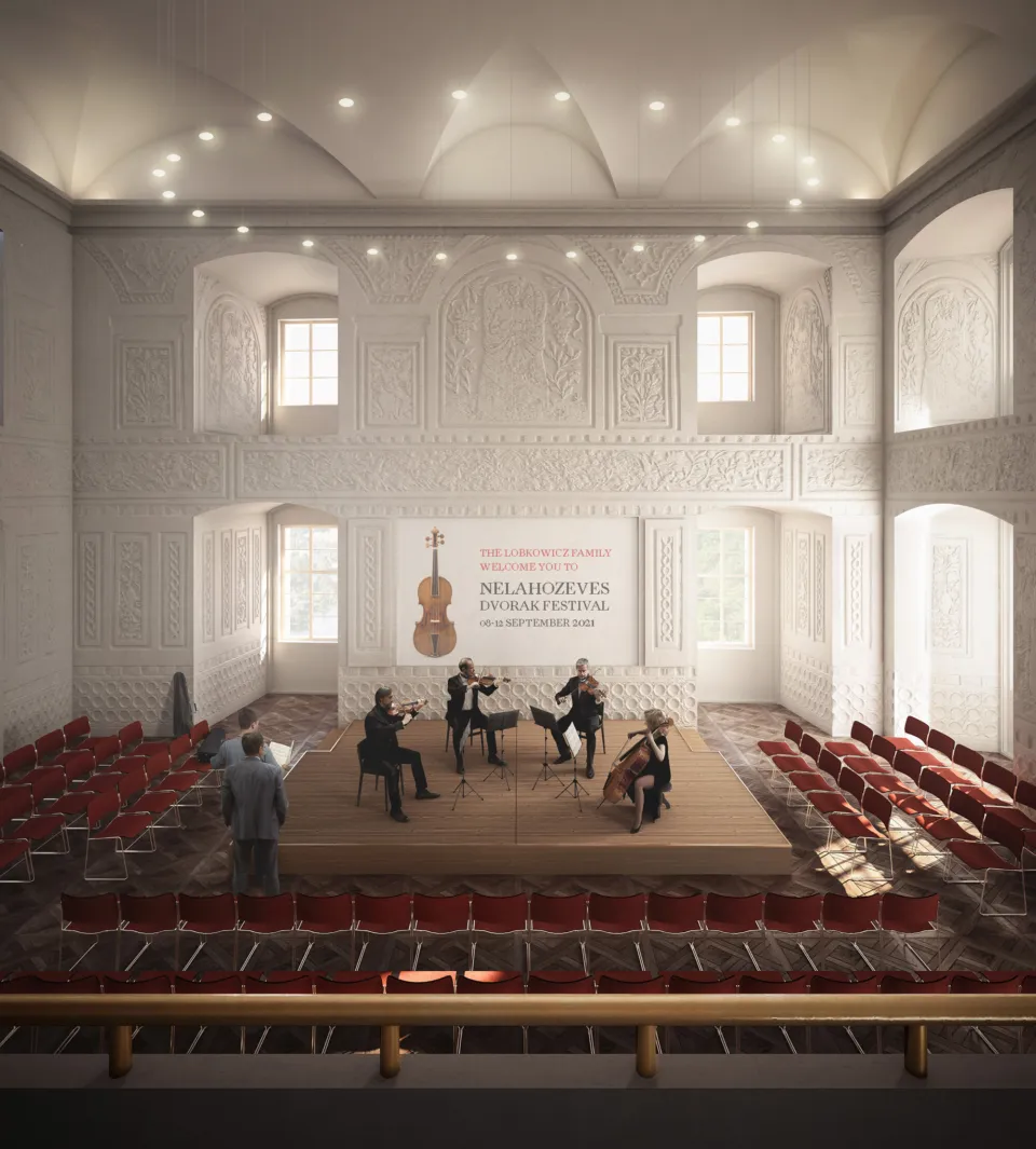 Architectural rendering of a small auditorium with seats arranged around a ground floor stage where chamber music is being played by four musicians.