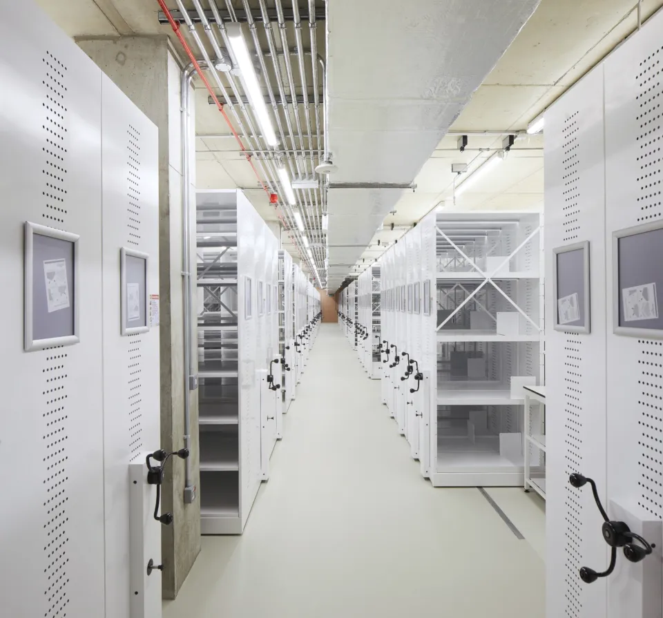 Photograph of linear storage within the Lambeth Palace Archive