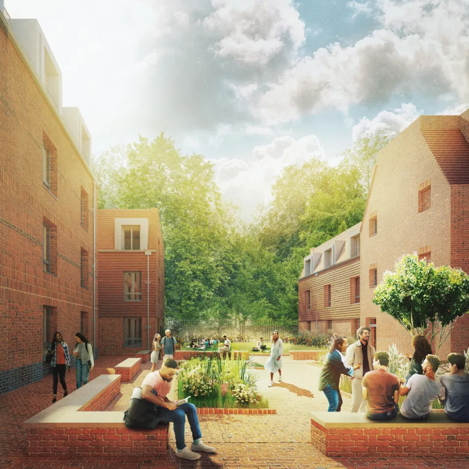 CGI rendering of a courtyard between two brick buildings with several students walking around and seated on benches.