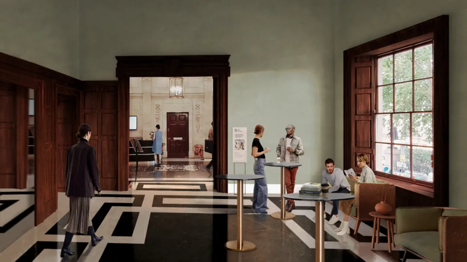 CGI rendering of the British Academy ground floor foyer designed by Wright & Wright Architects