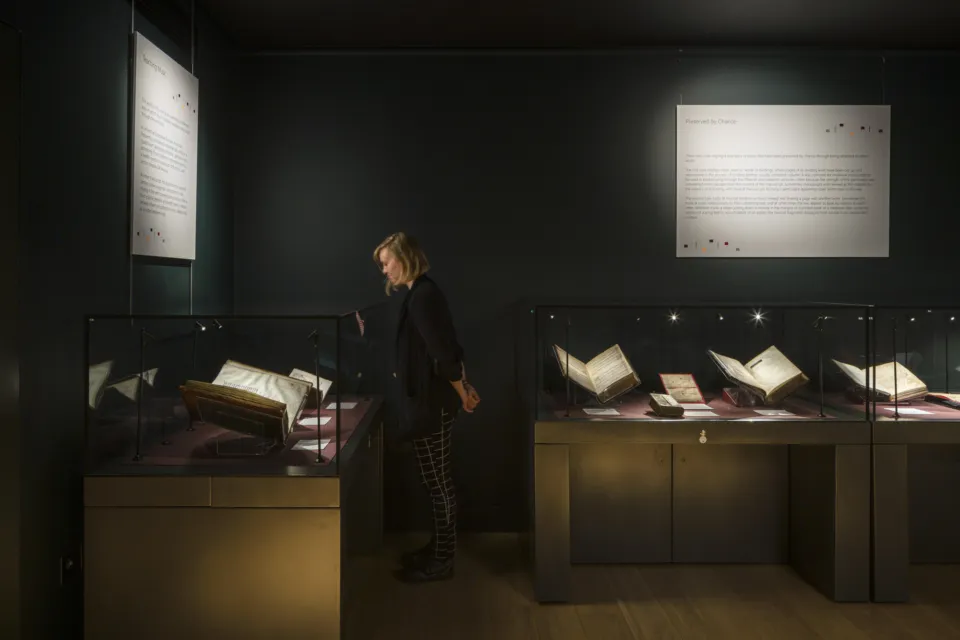 Woman reading display book in case.