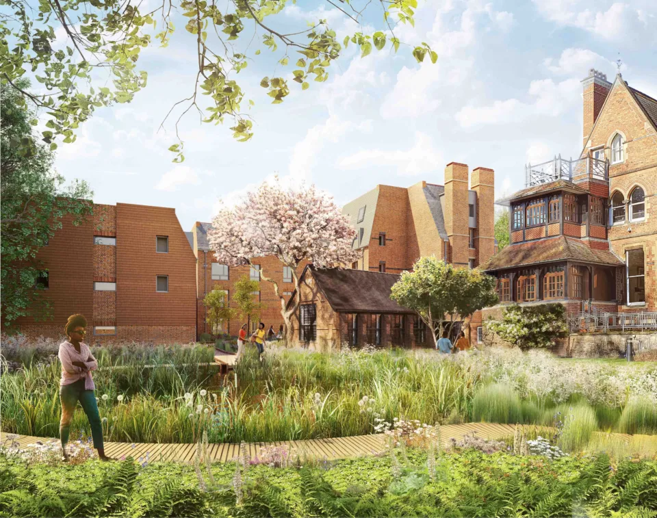 A render of St Edmund Hall Campus showing flora everywhere and a person walking over a pathway