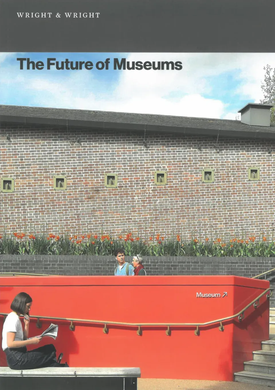 Front page of a white paper called The Future of Museums with an image of a woman sitting in front of the Museum of the Home.