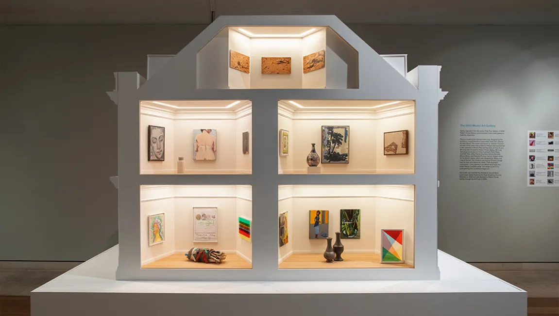 A model of a miniature gallery and several art works on a white pedestal.