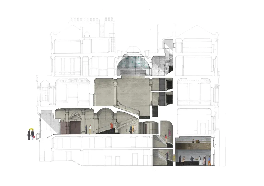 Section drawing of the British Academy by Wright and Wright Architects showing multiple spaces highlighted in pastel colours inside a large building.