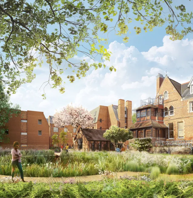 CGI architecture rendering of St Edmund's Hall campus with brick buildings and gardens in the foreground at the University of Oxford