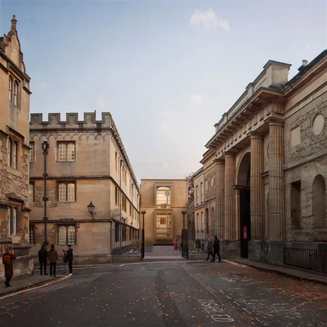 CGI architecture rendering of Corpus Christi College at the University of Oxford as seen from street level