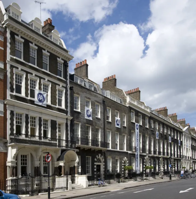 Brick facade of the Architectural Association in London designed by Wright & Wright Architects