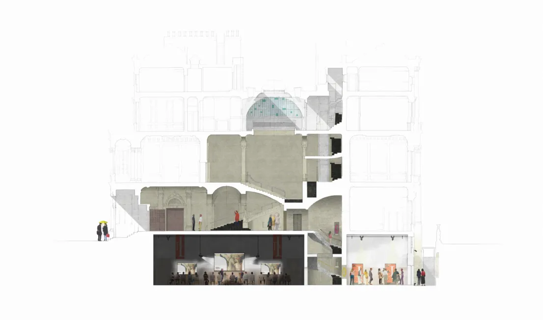 Architectural drawing of a section of the British Academy showing plans for new event spaces in the lower floors.