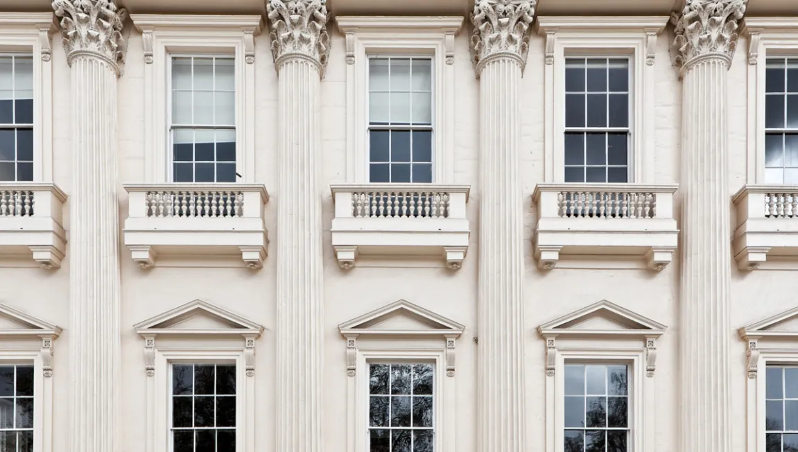 Close up image of the facade of Carlton House Terrace in London, a Georgian building in St James.
