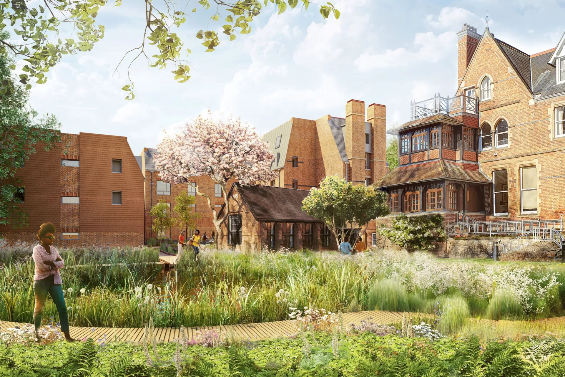 CGI architecture rendering of St Edmund's Hall campus with brick buildings and gardens in the foreground at the University of Oxford