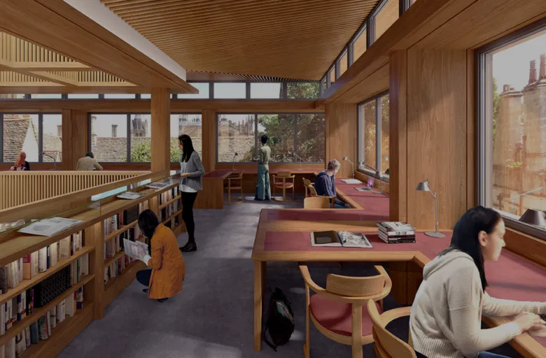 CGI architectural rendering of a passivhaus designed library with students working at desks