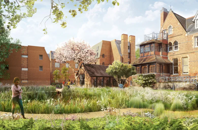 CGI architecture rendering of St Edmund's Hall campus with brick buildings and gardens in the foreground at the University of Oxford