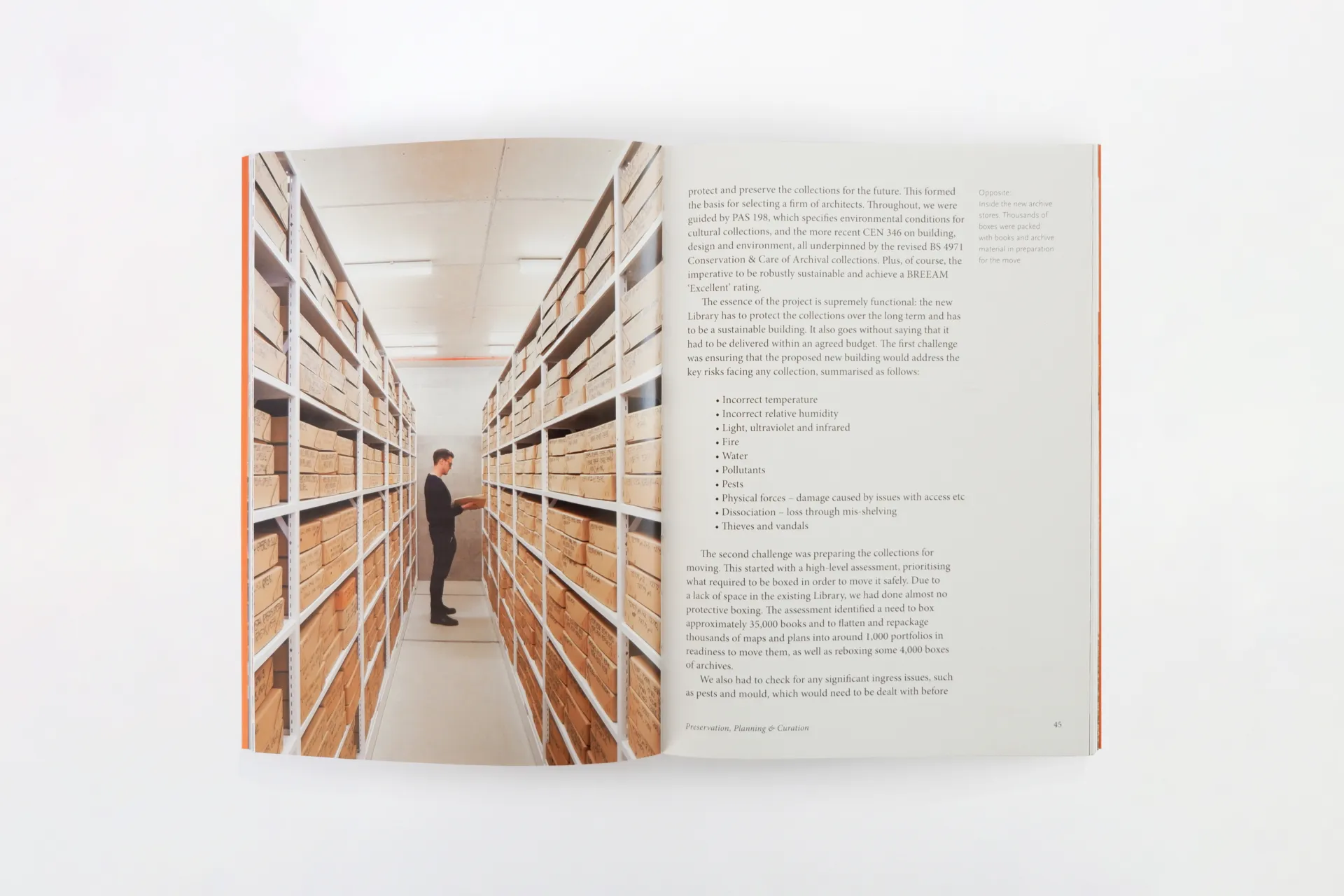 Inside pages of a book with an image of a man in an archive at left and text at right
